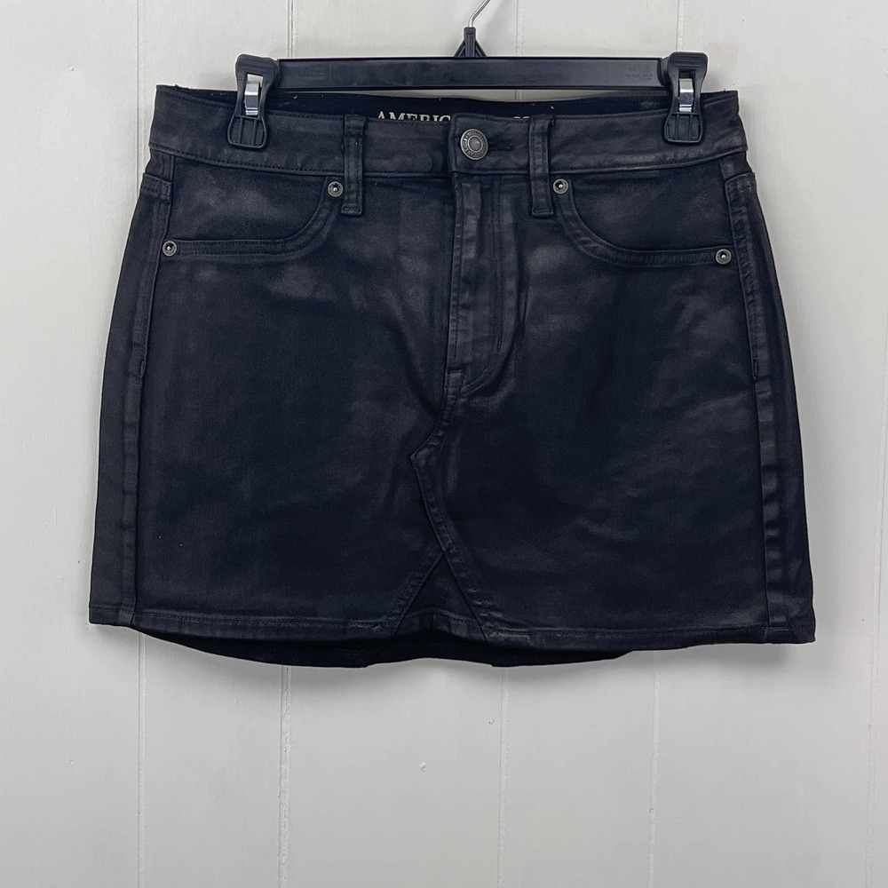 American Eagle Womens Mini Skirt 6 Black Vegan Leather Zipper Closure Pockets